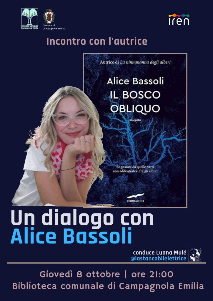 Locandina dell'incontro con la scrittrice Alice Bassoli, giovedì 8 ottobre 2026 in Biblioteca