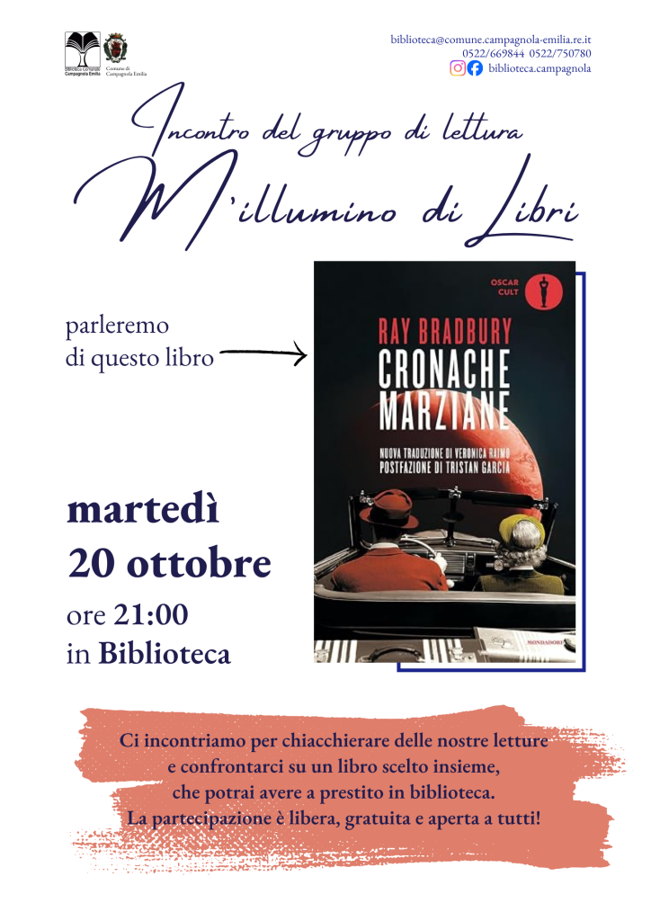 Locandina incontro del Gruppo di lettura in biblioteca, martedì 20 ottobre 2026 alle 21.
